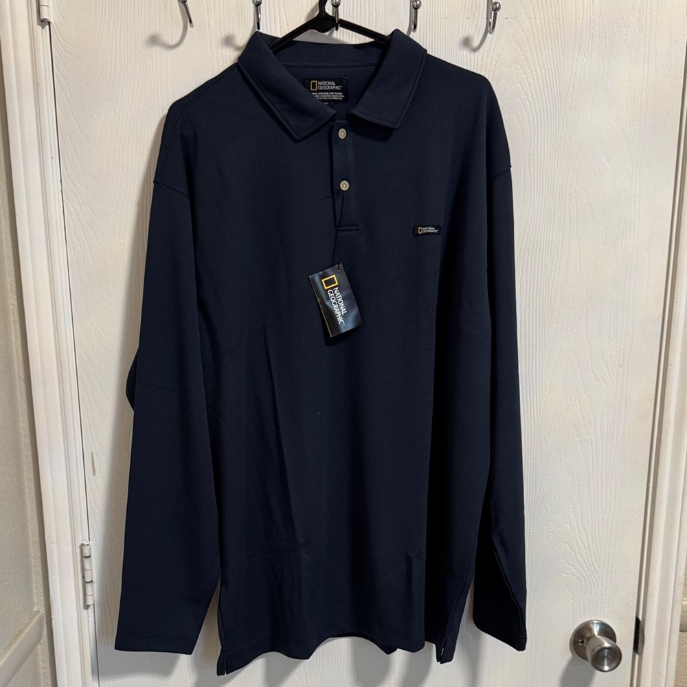 National Geographic Men's XL Long Sleeve Polo Navy Blue SPF 30 Quick Drying Knit